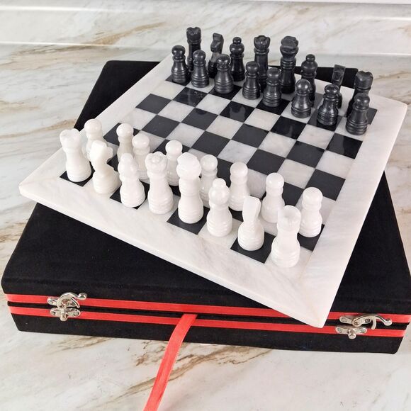 Handmade Marble Chess Set: 12" Black & White chess board & pieces,Christmas gift - Picture 2 of 16